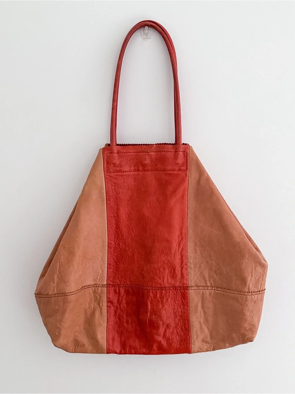 Banana Republic Leather Tote Color Block Tan & Red Patchwork Shoulder Bag - Picture 15 of 15